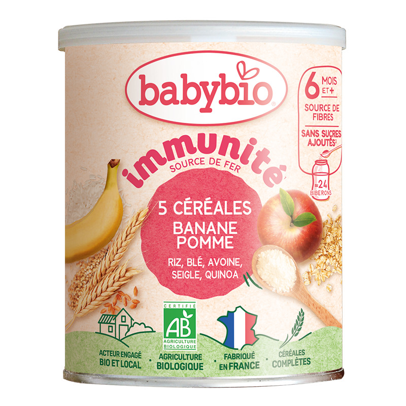 Babybio 5 Céréales Immunité Banane Pomme Riz, Blé, Avoine, Seigle, Quinoa