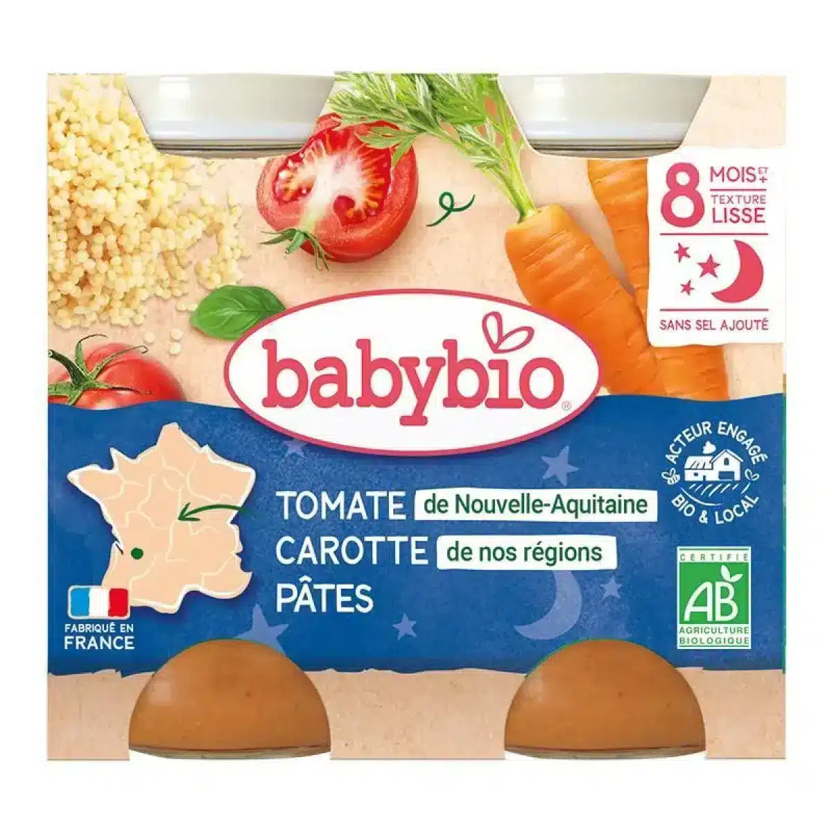 Babybio Bonne Nuit Compotée Carotte, Tomate &amp; Pâtes 8 Mois+ 200 g