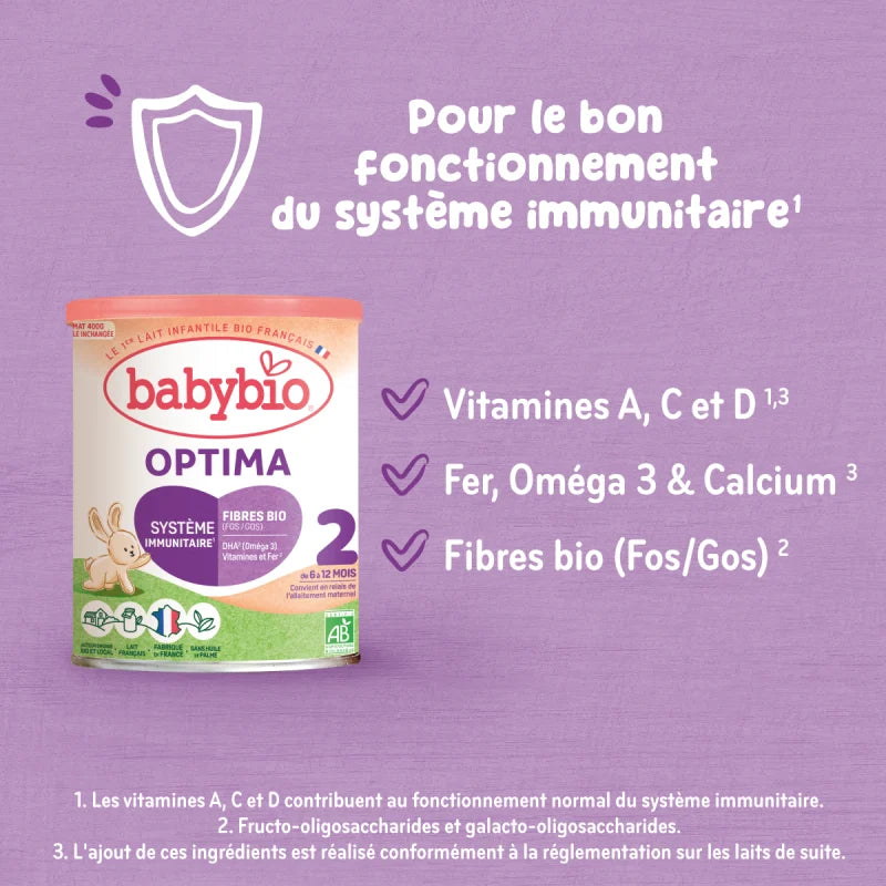Babybio Optima 2 – Lait de suite bio 2ᵉ âge avec fibres (400 g)