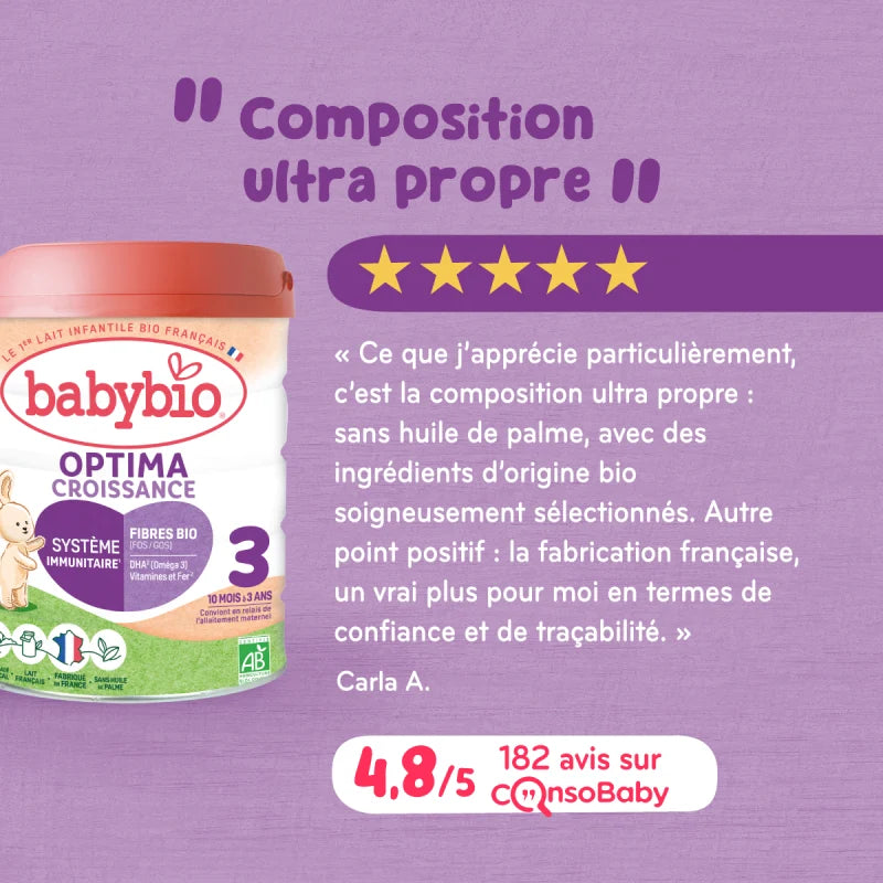 Babybio Optima 3 Croissance – Lait bio avec fibres (à partir de 10 mois)